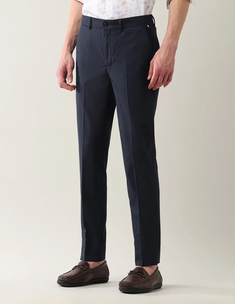 Arrow Navy Slim Fit Textured Smartflex Trousers for Men | Best Price UAE
