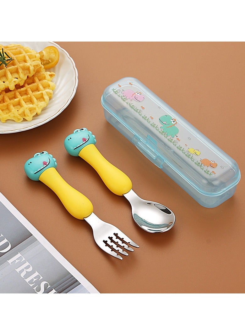 Children's Portable Cutlery Set Stainless Steel Fork And Spoon Set With Storage Box Blue/Yellow - Image 1