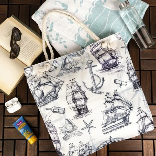 لينوتي Compass Anchor Printed Beach Bag White