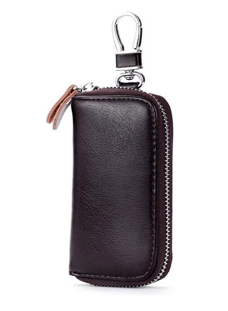 ECVV Unisex Mens Womens Premium Leather Car Key Holder Bag Keychain Case Wallet with 6 Hooks Zipper Closure, Coffee, Coffee, 4.3x2.9inch - Image 2