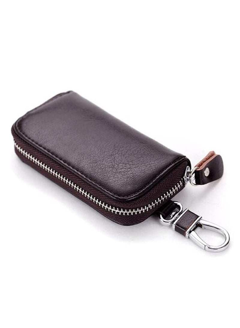 ECVV Unisex Mens Womens Premium Leather Car Key Holder Bag Keychain Case Wallet with 6 Hooks Zipper Closure, Coffee, Coffee, 4.3x2.9inch - Image 1