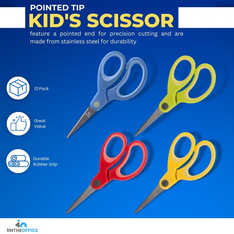 1InTheOffice Kids Scissors Pointed Tip, Pointed Safe Scissor for Kids, Kids Pointed End Scissors, Stainless Steel/Rubber Assorted Color"12 Pack" - Image 2