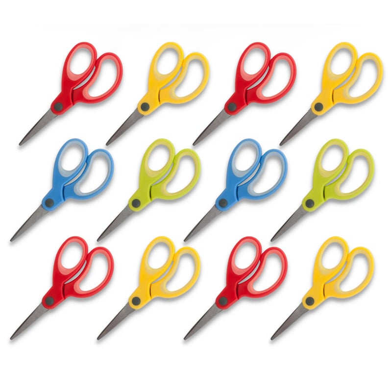 1InTheOffice Kids Scissors Pointed Tip, Pointed Safe Scissor for Kids, Kids Pointed End Scissors, Stainless Steel/Rubber Assorted Color"12 Pack" - Image 1