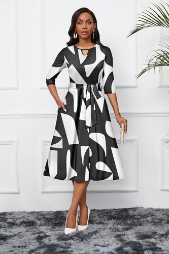 CLOCOR Women's Casual Midi Dresses A Line 3/4 Sleeve Crew Neck Tea Party Church Fit and Flare Dress with Pockets Black White XL - Image 2
