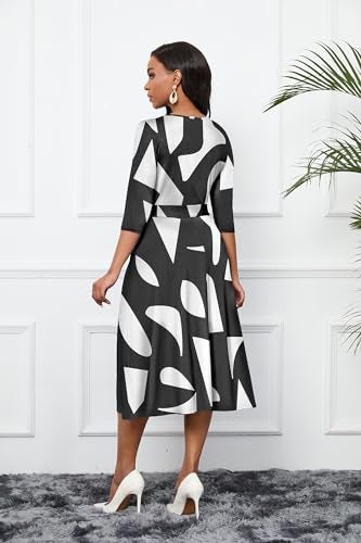 CLOCOR Women's Casual Midi Dresses A Line 3/4 Sleeve Crew Neck Tea Party Church Fit and Flare Dress with Pockets Black White XL - Image 3