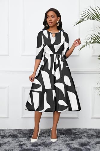 CLOCOR Women's Casual Midi Dresses A Line 3/4 Sleeve Crew Neck Tea Party Church Fit and Flare Dress with Pockets Black White XL - Image 4
