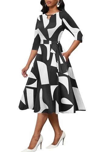 CLOCOR Women's Casual Midi Dresses A Line 3/4 Sleeve Crew Neck Tea Party Church Fit and Flare Dress with Pockets Black White XL - Image 1