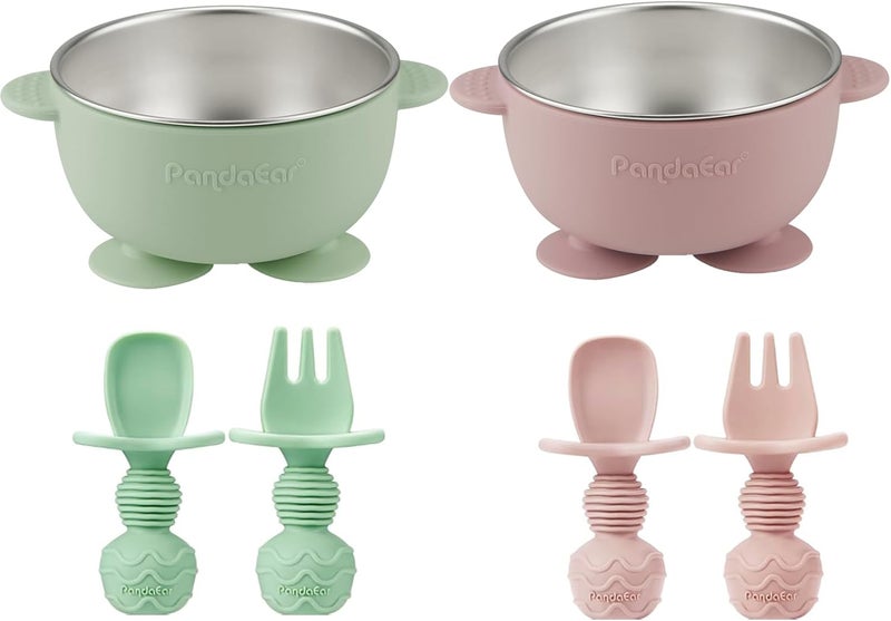 PandaEar 2 Pack Stainless Steel Baby Suction Bowls & 4 Pcs Silicone Baby Utensils Set - Image 1