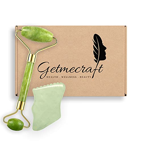 Getmecraft Jade Face Roller and Jade Gua Sha with Teeth Shape Sides and Ridges Massage Tool Set Massager For Face, Neck, Dark Circles and Under Eye Treatment - Image 1