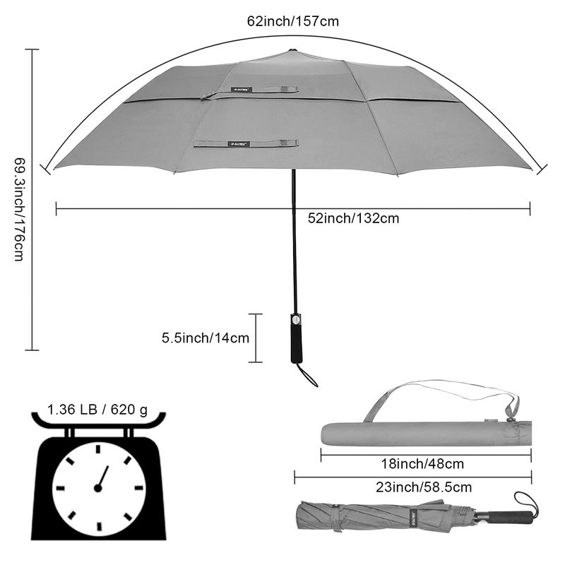 G4Free 62 Inch Portable Golf Umbrella Large Oversize Double Canopy Vented Windproof Waterproof Auto Open Folding Umbrellas(Gray) - Image 3