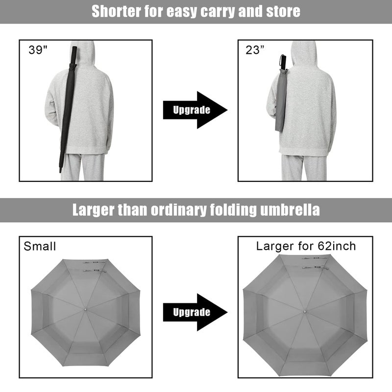 G4Free 62 Inch Portable Golf Umbrella Large Oversize Double Canopy Vented Windproof Waterproof Auto Open Folding Umbrellas(Gray) - Image 2