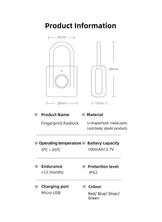 Y&D Keyless Smart Touch Fingerprint Padlock Blue/Black/Silver 24.5x10x11.3cm  - Image 5