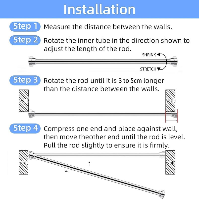 التغطية قضيب ستارة الحمام، زنبرك شد قابل للتعديل، شد قضيب ستارة الحمام، عمود ستارة تلسكوبي، قضيب ملابس قابل ��لتمدد من الفولاذ المقاوم للصدأ، بدون حفر (100-165 سم) - Image 5