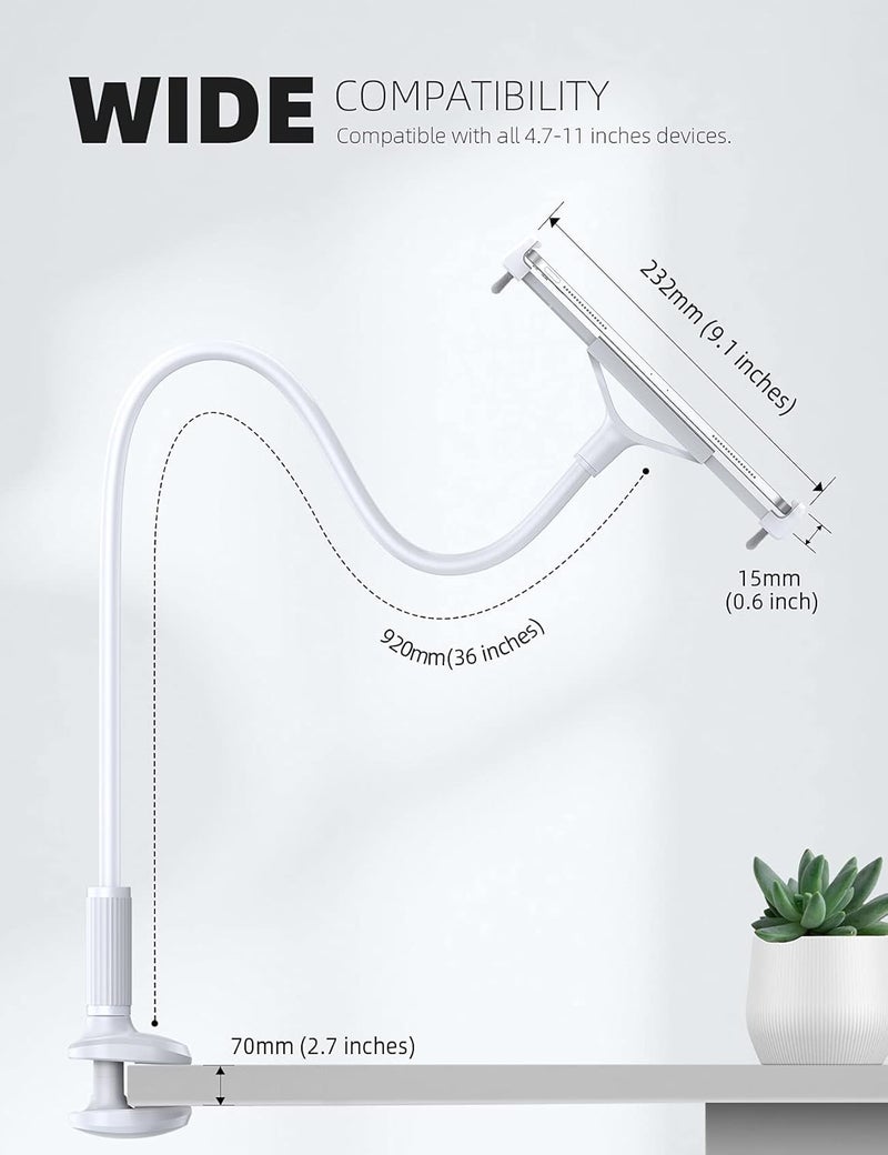 Lamicall Gooseneck Tablet Mount Holder for Bed Flexible Tablet Arm Clamp for Bed Compatible with Pad Pro 10.5, Air 9.7, Mini 7.9, Galaxy Tabs, Switch, More 4.7-11" Device - White - Image 4