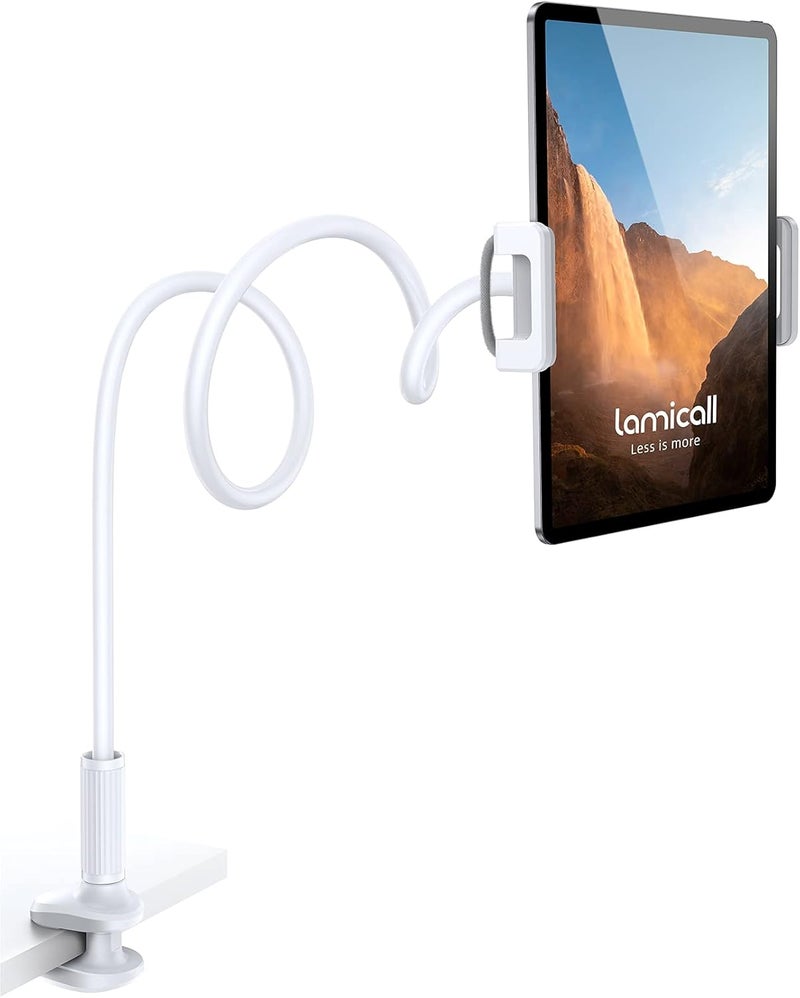 Lamicall Gooseneck Tablet Mount Holder for Bed Flexible Tablet Arm Clamp for Bed Compatible with Pad Pro 10.5, Air 9.7, Mini 7.9, Galaxy Tabs, Switch, More 4.7-11" Device - White - Image 1