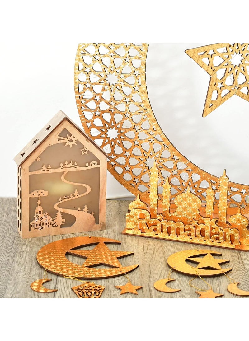 Jorunb Eid Ramadan Hanging Decoration Eid Mubarak Party Decoration，Wooden Moon and Star Hanging Ornaments,2 Pack Golden EID Party Decoration,Islam Ramadan Party Decoration  - Image 3