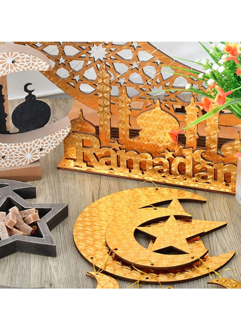 Jorunb Eid Ramadan Hanging Decoration Eid Mubarak Party Decoration，Wooden Moon and Star Hanging Ornaments,2 Pack Golden EID Party Decoration,Islam Ramadan Party Decoration  - Image 4