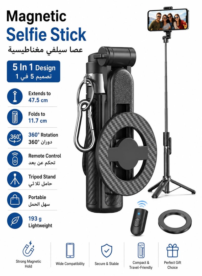 Leoxol Magnetic Selfie Stick 5 In 1 | 47.5 cm Extendable Tripod With Remote | 360 Degree Rotation Phone Holder | Foldable Mini Vlog Stand - Image 1