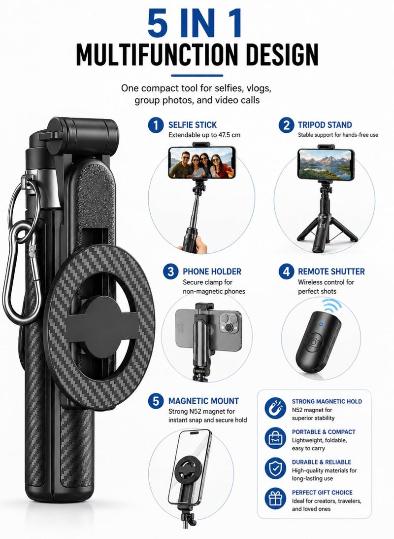 Leoxol Magnetic Selfie Stick 5 In 1 | 47.5 cm Extendable Tripod With Remote | 360 Degree Rotation Phone Holder | Foldable Mini Vlog Stand - Image 2