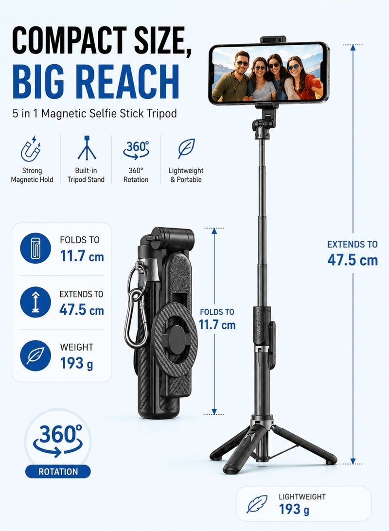 Leoxol Magnetic Selfie Stick 5 In 1 | 47.5 cm Extendable Tripod With Remote | 360 Degree Rotation Phone Holder | Foldable Mini Vlog Stand - Image 3