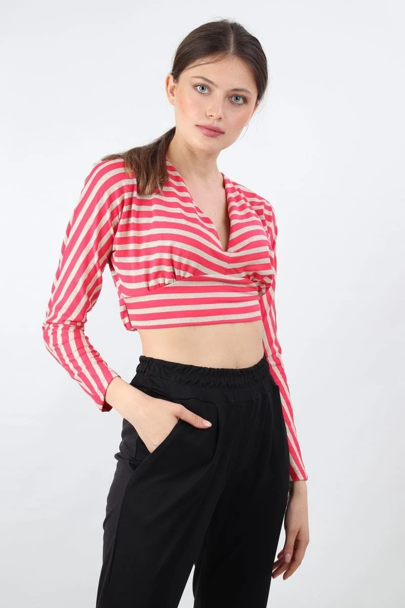 Alexander Gardi Striped Crop Blouse, Beige-Pink (B19-153401)