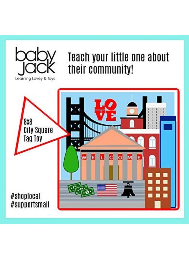 The Learning Lovey - Baby Jack & Co 8X8” Learning Lovey Philadelphia Pennsylvania Tag Toys For Babies Baby Crinkle Toys Soft & Safe Learn Usa Cities And Shapes Ideal Baby Toy & Gift Bpa Free W Stroller Clip - Image 1