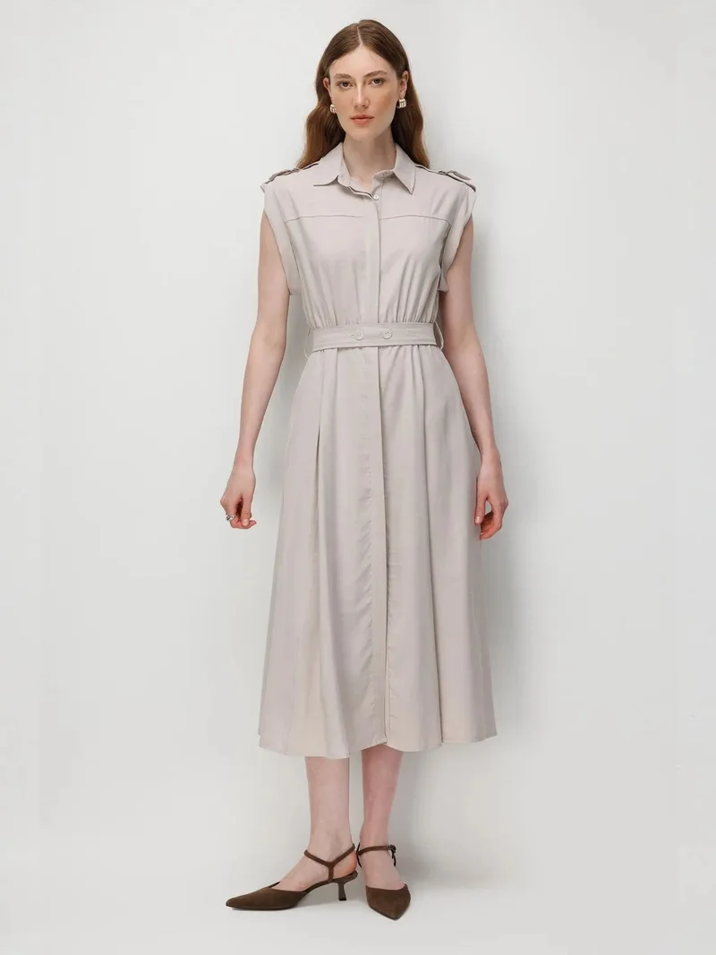 ميكسراي MIXRAY Textured A-Line Midi Shirt Dress with Belt
