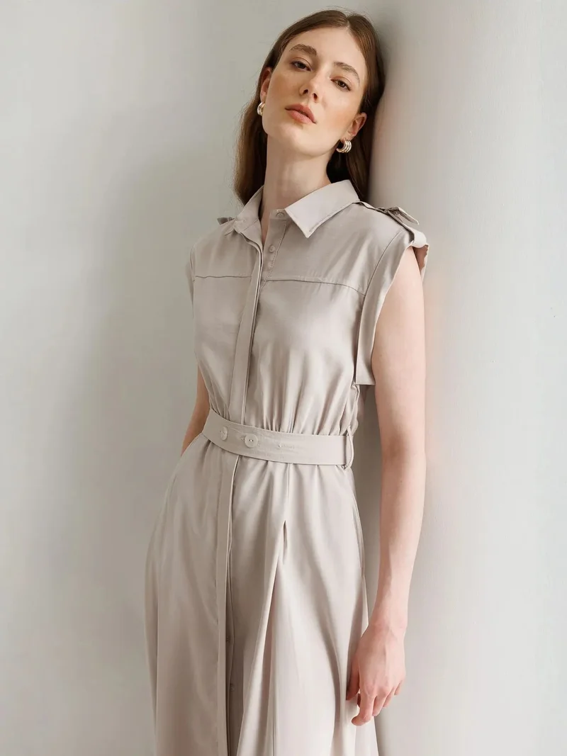 ميكسراي MIXRAY Textured A-Line Midi Shirt Dress with Belt