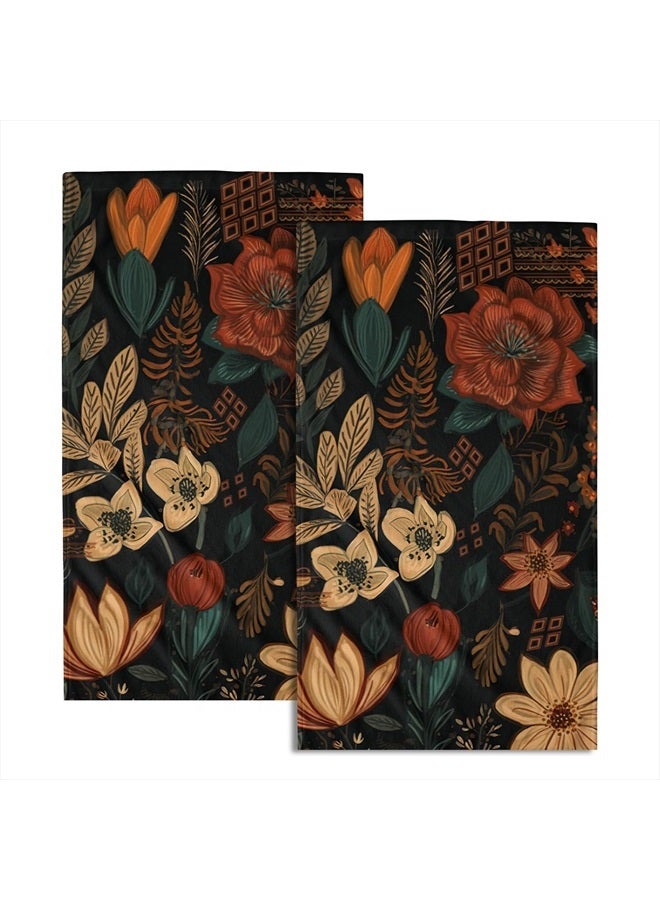 Giwawa Boho Floral Hand Towels Set of 2 Black Mid Century Fingertip Towel Absorbent Face Towel Soft Dish Towels for Gym Bath Kitchen Home Decor - Image 1