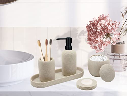 Aksipo Beige Resin Bathroom Accessory Set, 5 Pcs Bathroom Accessories Set with Lotion Dispenser,Soap Dish,Toothbrush Holder,Vanity Tray,Qtip Holder Dispenser, Modern Bathroom Decor and Housewarming Gift Set - Image 2