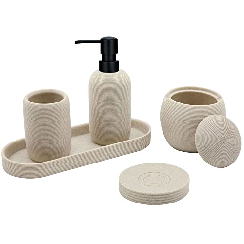 Aksipo Beige Resin Bathroom Accessory Set, 5 Pcs Bathroom Accessories Set with Lotion Dispenser,Soap Dish,Toothbrush Holder,Vanity Tray,Qtip Holder Dispenser, Modern Bathroom Decor and Housewarming Gift Set - Image 1