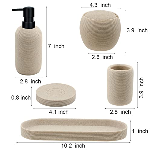Aksipo Beige Resin Bathroom Accessory Set, 5 Pcs Bathroom Accessories Set with Lotion Dispenser,Soap Dish,Toothbrush Holder,Vanity Tray,Qtip Holder Dispenser, Modern Bathroom Decor and Housewarming Gift Set - Image 5
