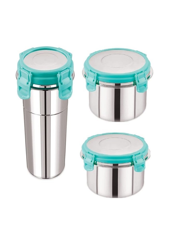 RRJ Leak Proof Click and Seal Lock Stainless Steel Storage/Air Tight Tiffin Container/Lunch Container with Steel lid Fusion (400+250+350 ml) - Image 1