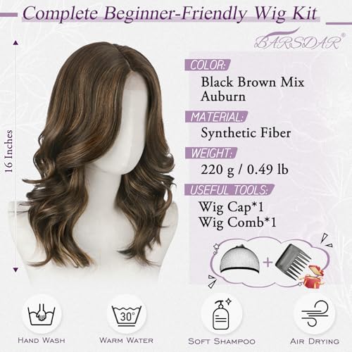 BARSDAR Short Wavy Brown Highlight Wig Shoulder Length Wavy Layered Wigs for Women Short Body Wave Layered Curtain Bangs Wig Soft Synthetic Natural Looking Daily Party Black Brown Mix Auburn - Image 3