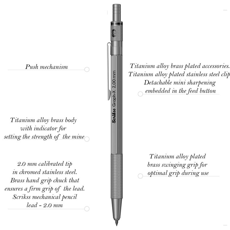 Scrikss 20mm Mechanical Clutch Lead Pen Pencil Satin Grey Brass Body Push Mechanism GraphX Series Mini Removable Sharpener - Image 2