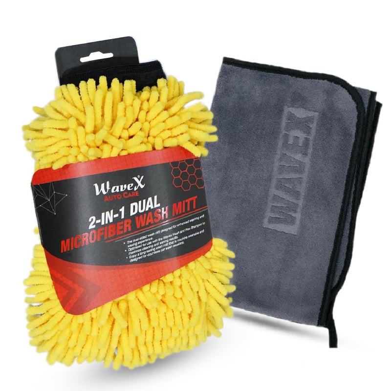 WAVEX منشفة تنظيف ميكروفايبر WaveX – 500 GSM، 35x75 سم وقفاز غسيل سيارات ميكروفايبر 2 في 1 - مزدوج الجوانب لغسيل السيارات وشمع السيارات - تنظيف لطيف وفعال - Image 1