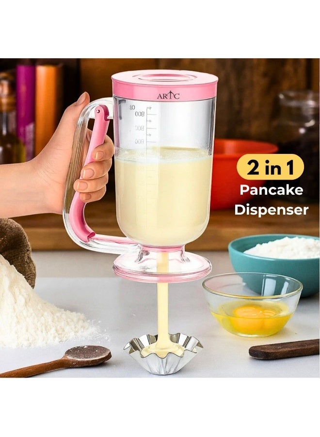 ARTC 950ML Pancake Batter Dispenser 2-in-1 – Cake Batter Dispenser Bottle, Waffle & Cupcake Batter Pourer, Transparent Acrylic Measuring Cup with Handle Trigger, No-Drip Portion Control Baking Tool Kitchen Gadget (Pink) - Image 1