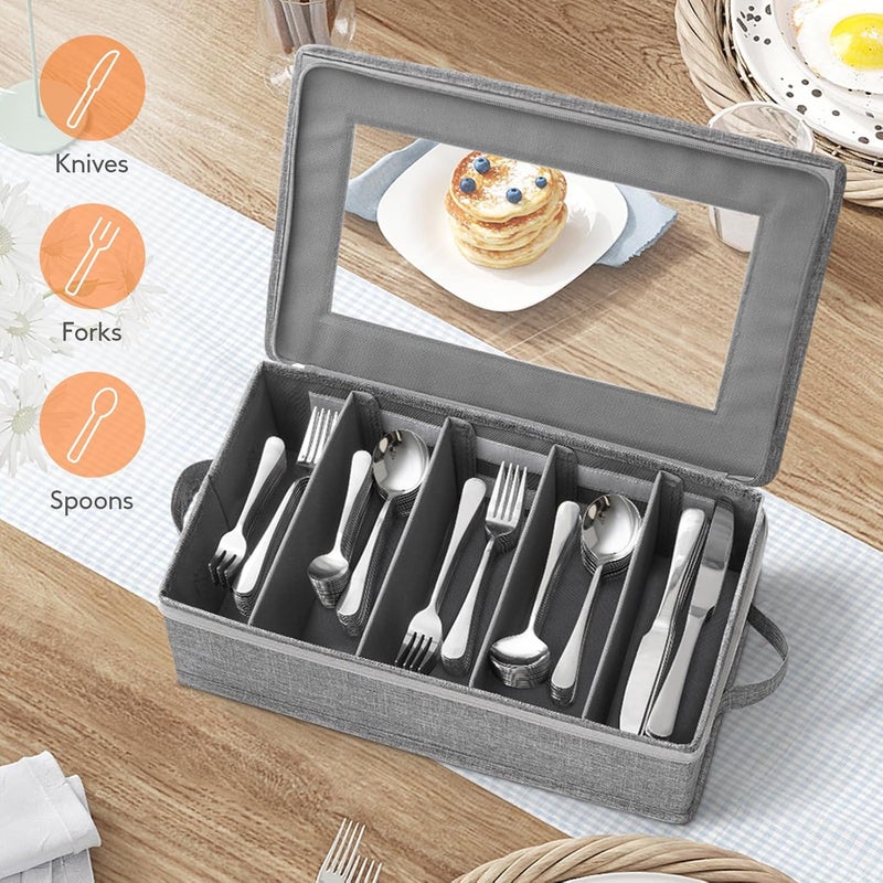 Lifewit Silverware Storage Box Flatware Organizer with Zipper Lid 5 Compartment Cutlery Case with Adjustable Divider and Handle Utensil Container for Spoon Fork Knives Tableware Gray 1 Pack - Image 2