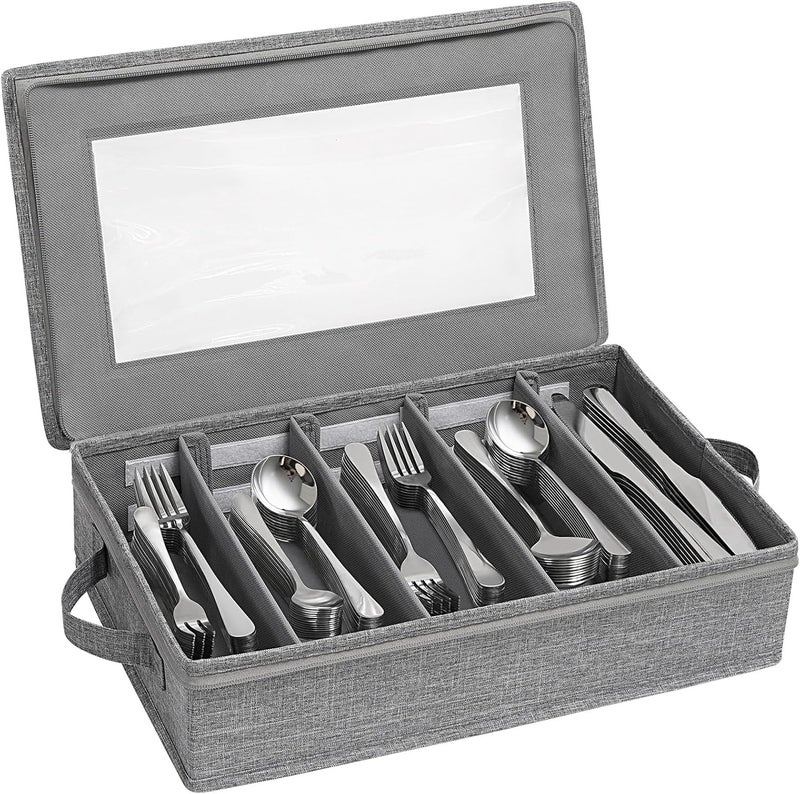 Lifewit Silverware Storage Box Flatware Organizer with Zipper Lid 5 Compartment Cutlery Case with Adjustable Divider and Handle Utensil Container for Spoon Fork Knives Tableware Gray 1 Pack - Image 1