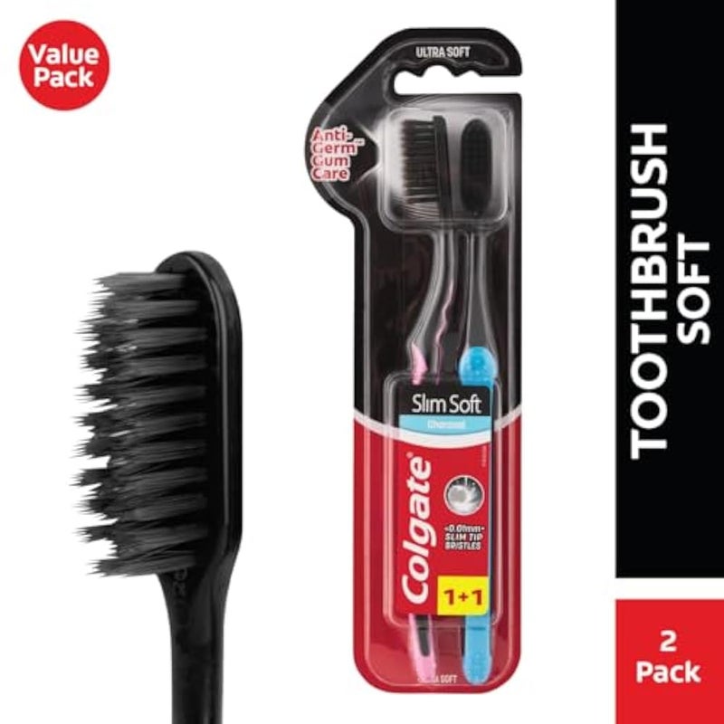Colgate ToothBRush Slim Soft Charcoal Family Pack 2X, Multicolor - Image 1