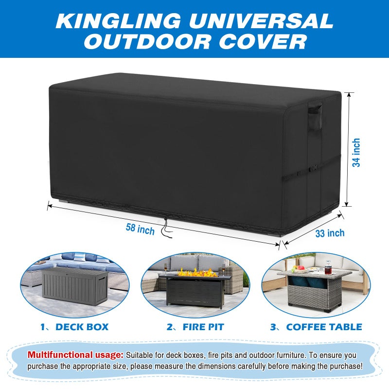 Kingling Deck Box Cover, Outdoor Storage Box Cover for Keter XXL 230 Gallon Deck Box Waterproof Outside Storage Bench Deck Boxes Covers Black (58" L x 33" W x 34" H) - Image 2