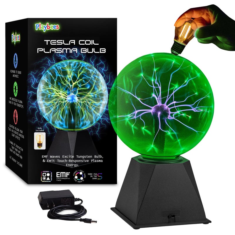 Playbees Green Plasma Ball - 7 Inch - Tesla Coil Bulb Static Electricity in a Vacuum Pressurized Glass Globe, Nebula Thunder Lightning, Plug-in - for Parties, Decorations, Prop, STEM - Image 1