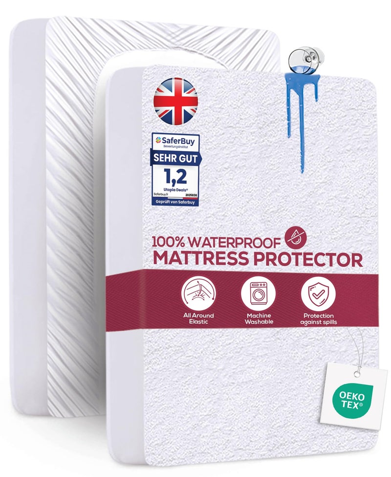 Utopia Bedding Waterproof Mattress Protector Single Bed 90 x 190 cm Fits Up to 40 cm Deep Mattresses Premium Terry Single Mattress Protector All Around Elastic Single Mattress Cover
