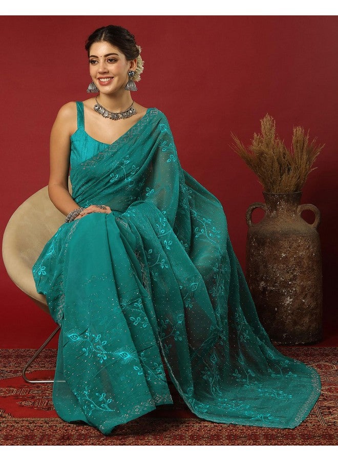 SIRIL ساري شيفون مزخرف بلمسة لامعة للنساء من سيريلي مع قطعة بلوزة غير مخيطة (4395S3123_أخضر مائل إلى الزرقة) - Image 3