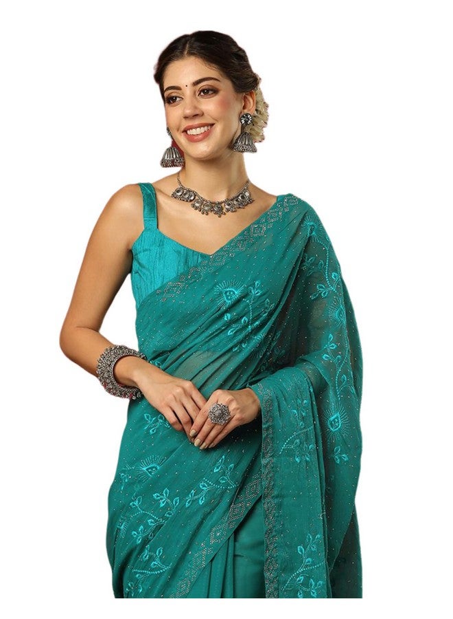 SIRIL ساري شيفون مزخرف بلمسة لامعة للنساء من سيريلي مع قطعة بلوزة غير مخيطة (4395S3123_أخضر مائل إلى الزرقة) - Image 1