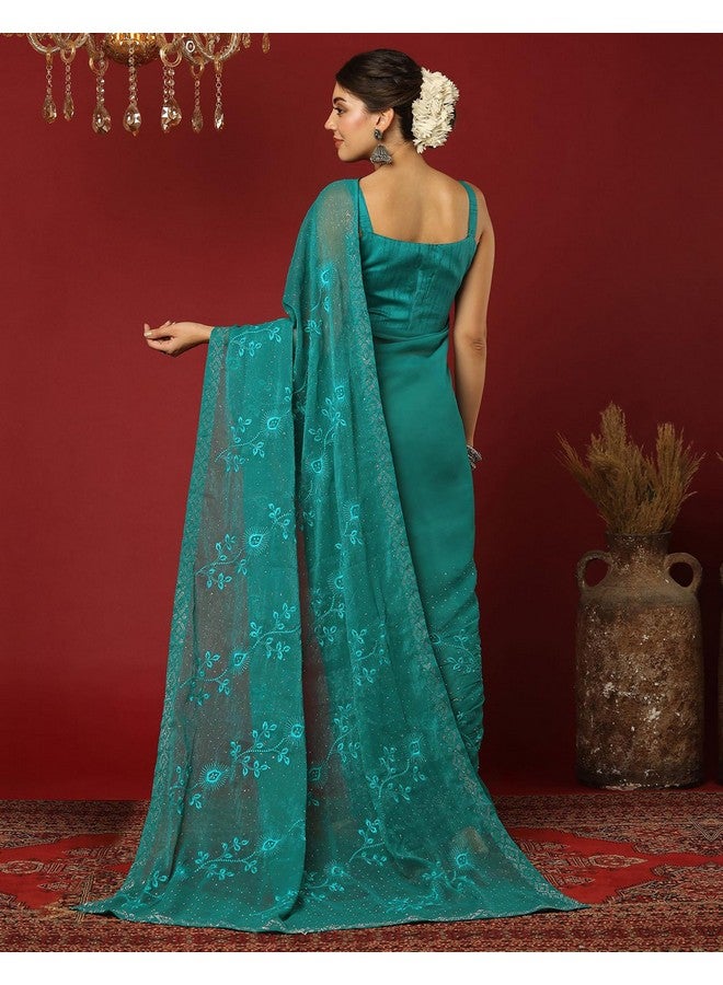 SIRIL ساري شيفون مزخرف بلمسة لامعة للنساء من سيريلي مع قطعة بلوزة غير مخيطة (4395S3123_أخضر مائل إلى الزرقة) - Image 2