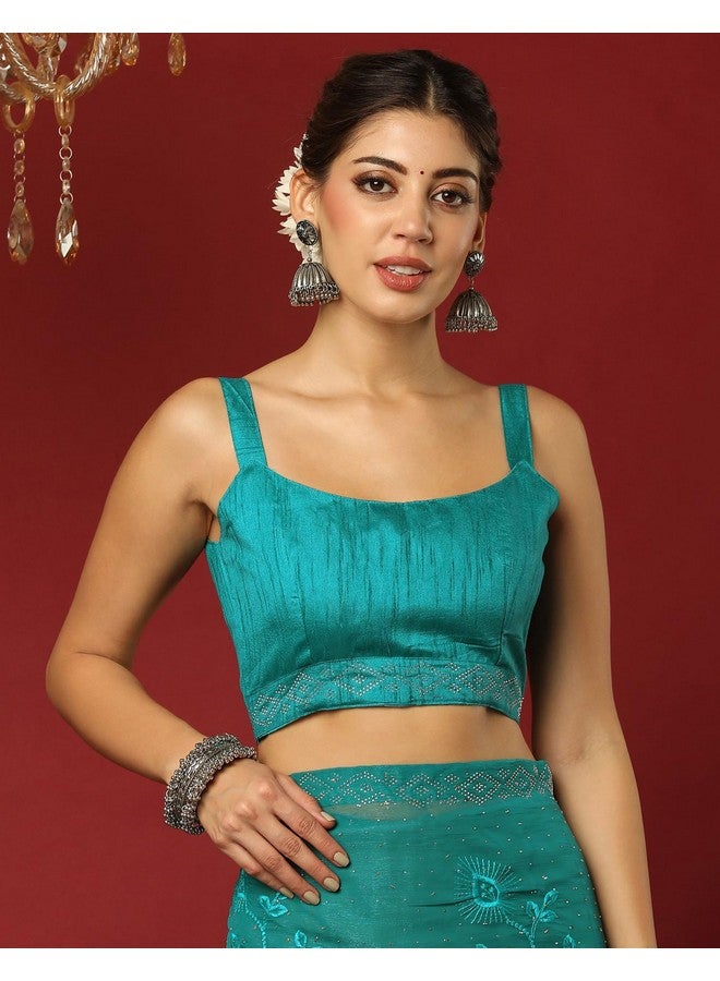 SIRIL ساري شيفون مزخرف بلمسة لامعة للنساء من سيريلي مع قطعة بلوزة غير مخيطة (4395S3123_أخضر مائل إلى الزرقة) - Image 5