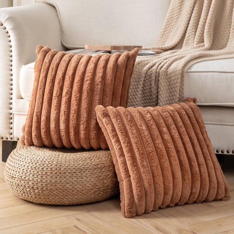 DEELAND Pack of 2 Double-Sided Faux Fur Plush Decorative Throw Pillow Covers Fuzzy Striped Soft Pillowcase Cushion Covers for Sofa Couch Bedroom Brown 22x22 inch - Image 2