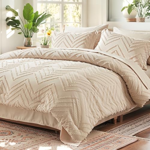 Anluoer Full Comforter Set Beige Tufted Bed in a Bag 7 Pieces with comforters and Sheets All Season Bedding Sets with 1 Comforter 2 PillowShams 2 Pillowcases 1 Flat Sheet 1 Fitted Sheet