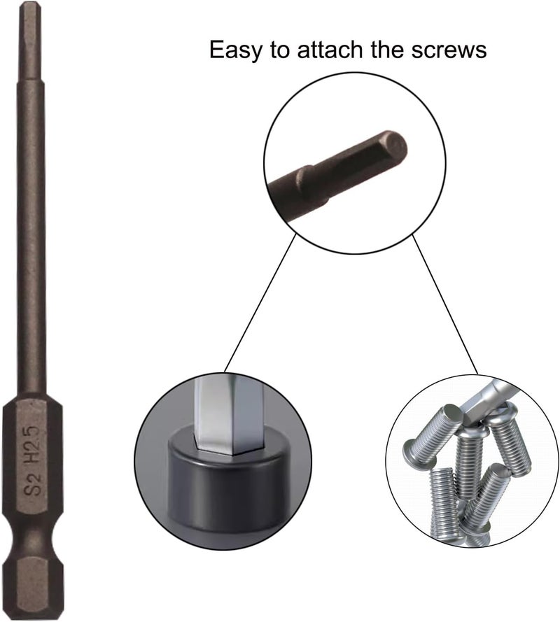 Sipery 10Pcs Hex Head Allen Wrench Drill Bits H2.5 (2.5mm) S2 Steel Magnetic Hexagon Hex Head Screwdriver Bits 1/4 Inch Quick Release Shank 3 Inch Long Drill Bit - Image 3